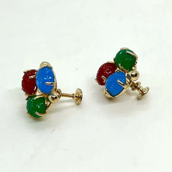 Vintage GLASS SCARAB Earrings Egyptian Revival Gold Tone Screwback - Picture 9 of 13